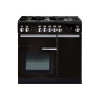 Black dual fuel range cooker with a 90cm width, featuring six gas burners, stainless steel knobs, a large oven with a glass door, and a sleek, professional design.