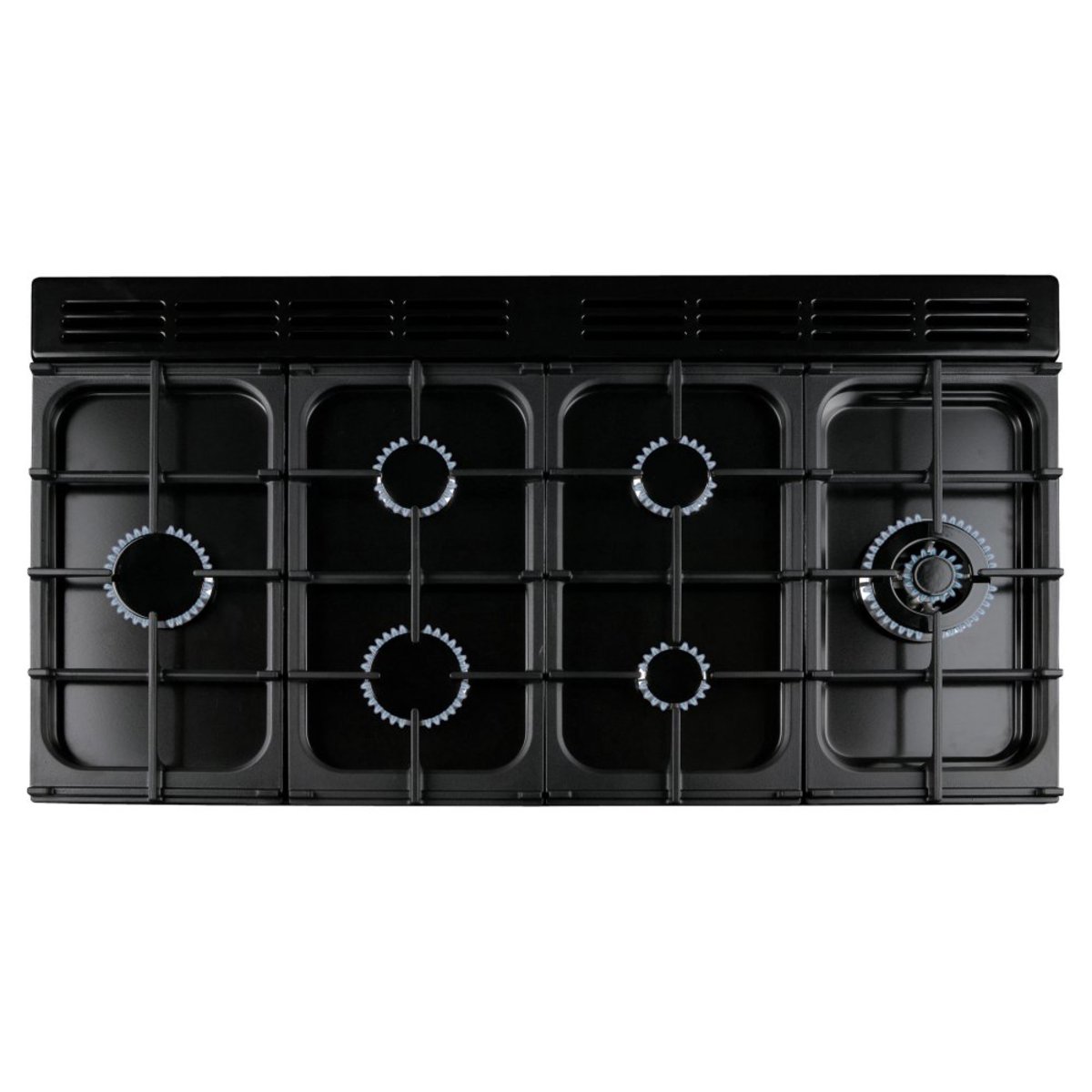 Black dual fuel range cooker with five gas burners, cast iron grates, and blue control knobs, featuring a sleek, professional design suitable for modern kitchens.
