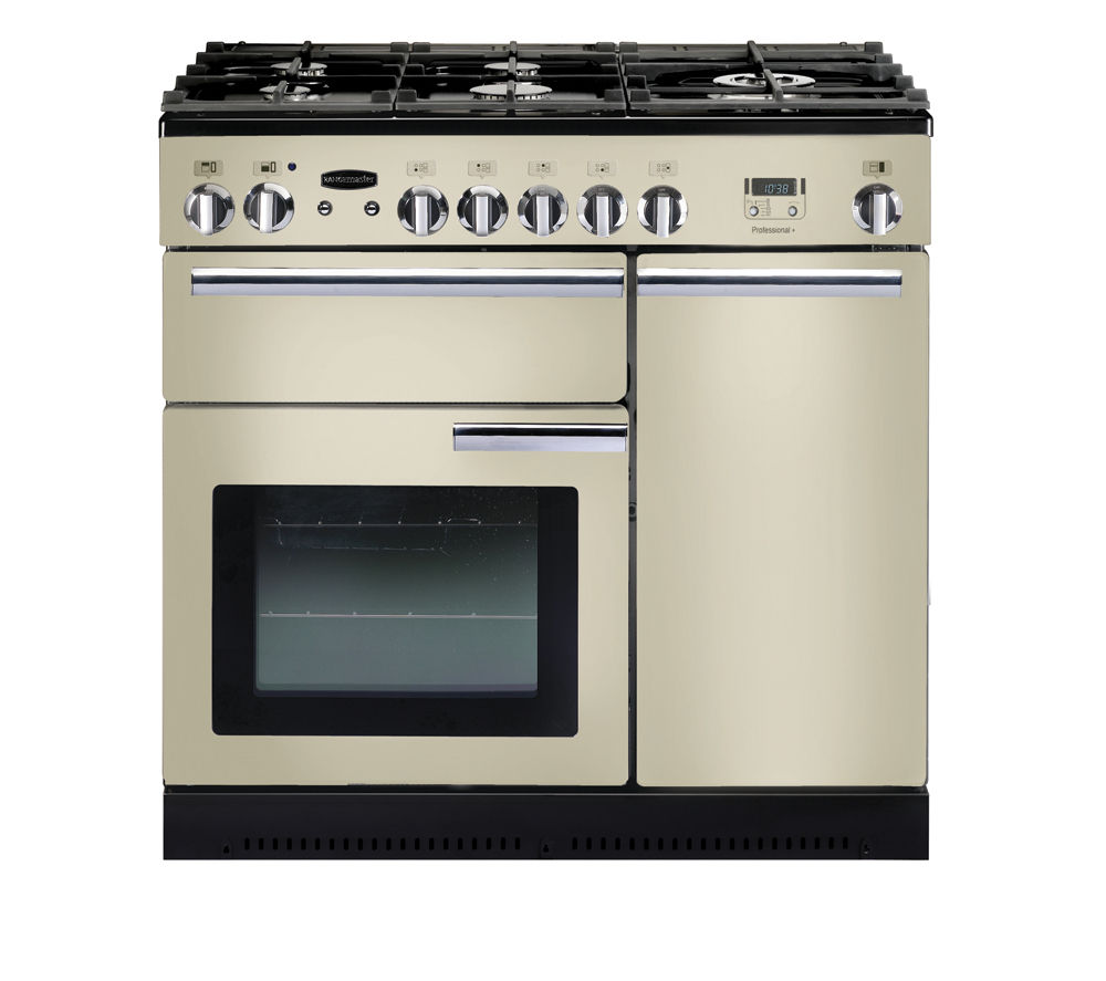 90cm wide Rangemaster Professional Plus gas range cooker in cream, featuring five gas burners, a large oven with a glass door, stainless steel accents, and control knobs on the front.