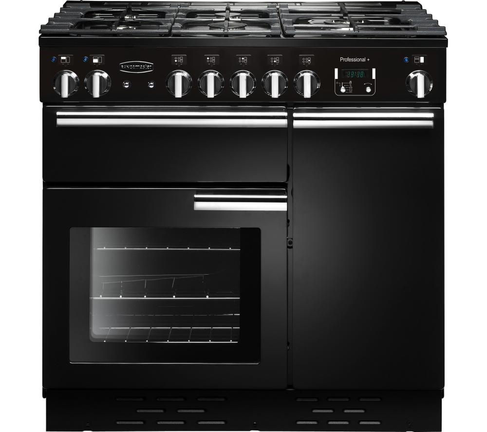 90cm wide black gas range cooker with six burners, chrome knobs, and a large glass oven door, featuring a sleek stainless steel handle and modern design elements.