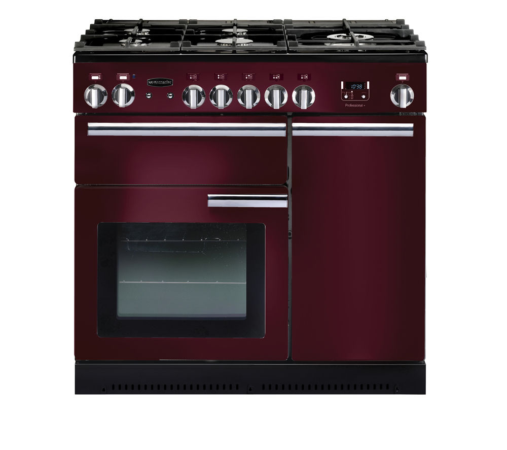 Rangemaster 91940 gas range cooker in a deep cranberry color, featuring five gas burners, a large oven with a glass door, and stainless steel accents on knobs and handles.