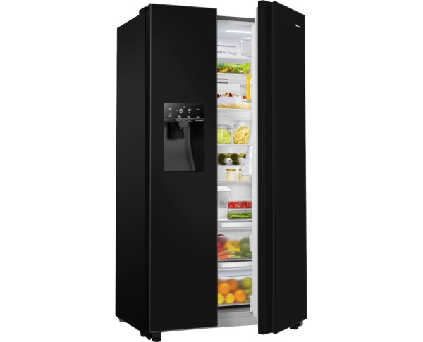Hisense 562 Litre side-by-side fridge freezer in sleek black finish, featuring a water dispenser, spacious interior with clear shelves, and modern design.