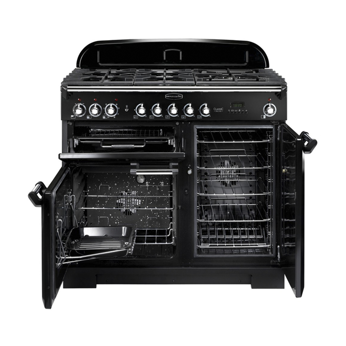 Classic 100cm dual fuel range cooker in black with chrome trim, featuring multiple gas burners, two oven compartments, and a sleek design.