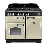 Classic 100cm dual fuel range cooker in cream with chrome trim, featuring a black control panel, multiple burners, and an oven with a glass door.