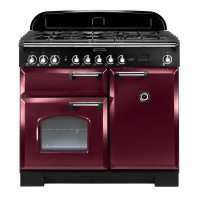 Classic 100cm dual fuel range cooker in cranberry with chrome trim, featuring five gas burners, a large oven with a glass door, and a sleek black control panel on top.