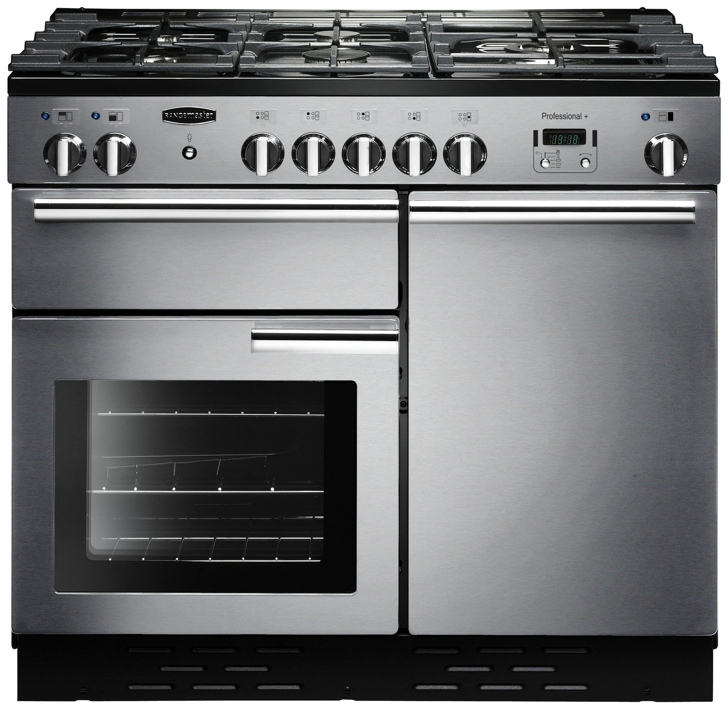 Stainless steel Rangemaster 92590 dual fuel range cooker with a 100cm width, featuring six gas burners, a digital display, and two ovens with a sleek, professional design.