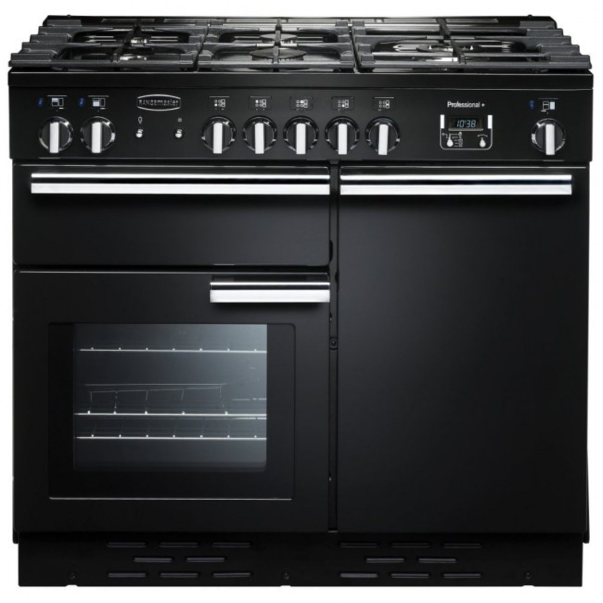 Black dual fuel range cooker with a 100cm width, featuring multiple gas burners, stainless steel knobs, a digital display, and a large oven with a glass door.
