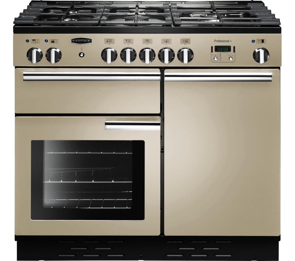 Cream-colored Rangemaster 92610 dual fuel range cooker with a 100cm width, featuring multiple gas burners, stainless steel knobs, and a large glass oven door.