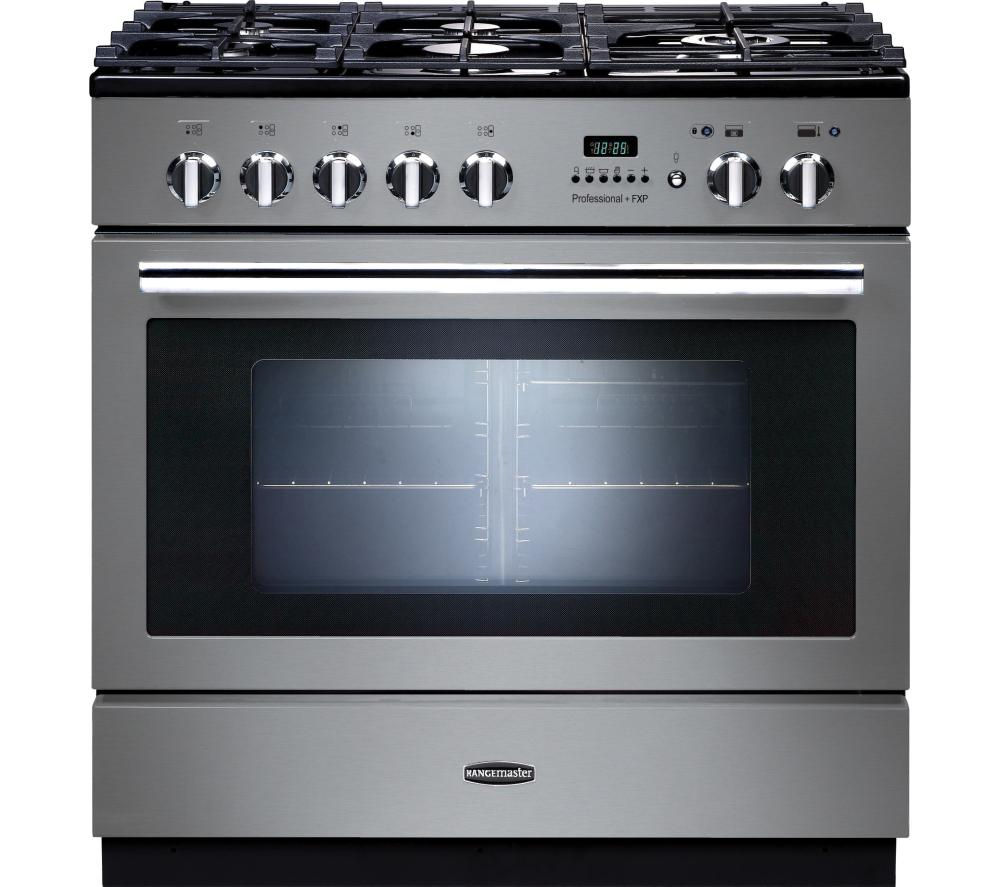 Stainless steel Rangemaster 92720 PROFESSIONAL Plus FXP 90cm dual fuel range cooker with chrome trim, featuring a large glass oven door and multiple gas burners on top.