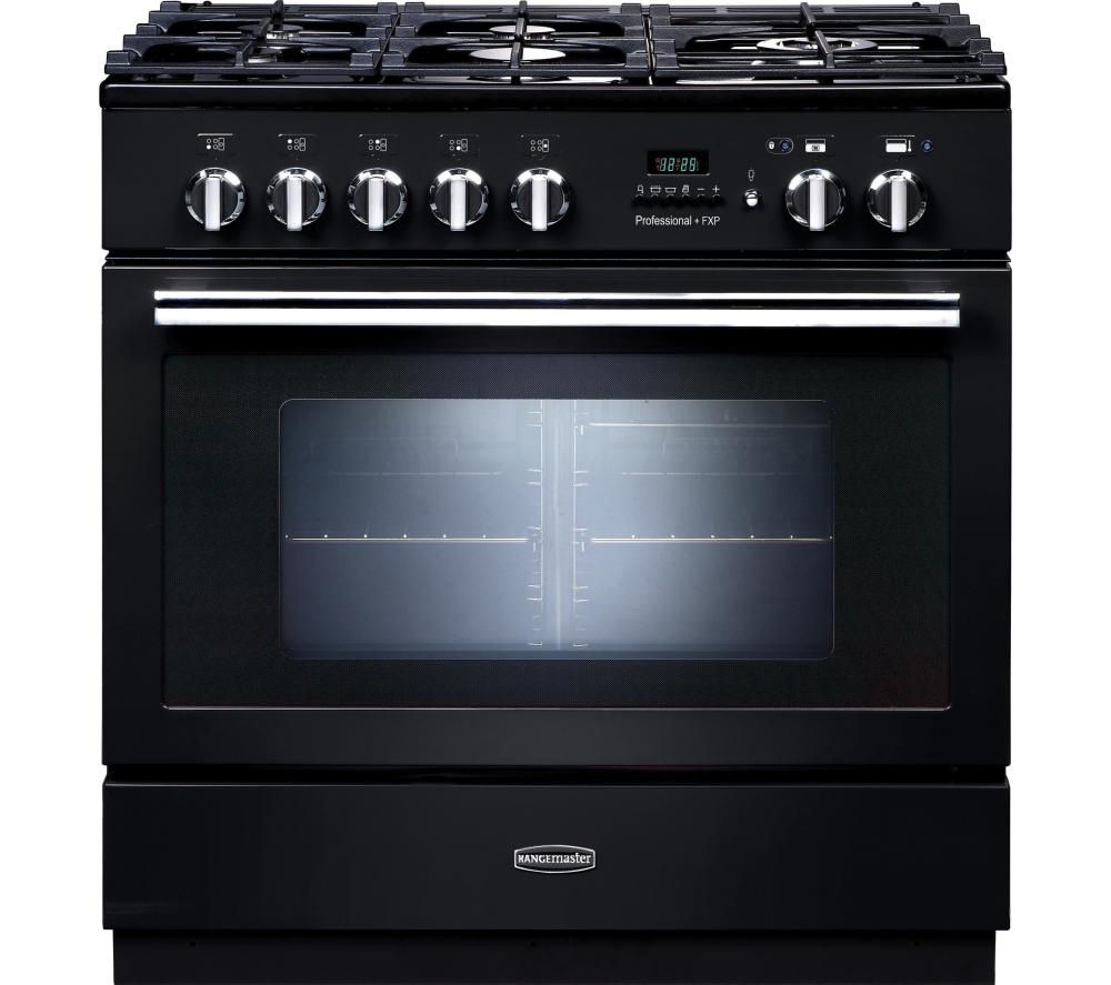 Black dual fuel range cooker with chrome trim, featuring five gas burners, a digital display, and a large glass oven door, designed for professional cooking.