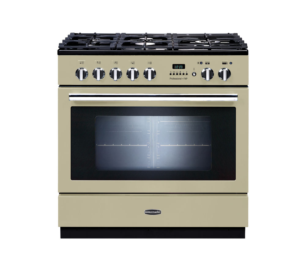 Cream-colored dual fuel range cooker with chrome trim, featuring a five-burner gas top, digital display, and a large glass oven door for easy viewing.