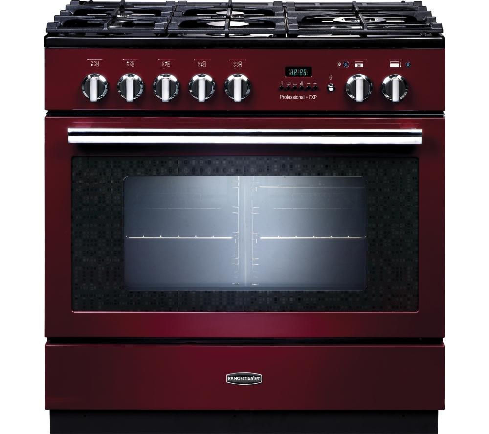 Cranberry-colored Rangemaster 92760 PROFESSIONAL Plus FXP 90cm dual fuel range cooker with chrome trim, featuring five gas burners and a large glass oven door.