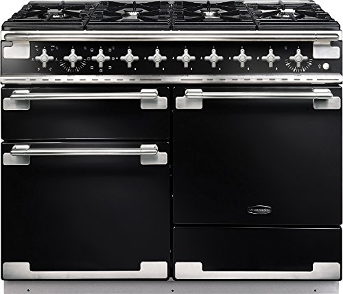 Gloss black dual fuel range cooker with brushed nickel trim, featuring six gas burners, a large oven compartment, and sleek stainless steel handles.