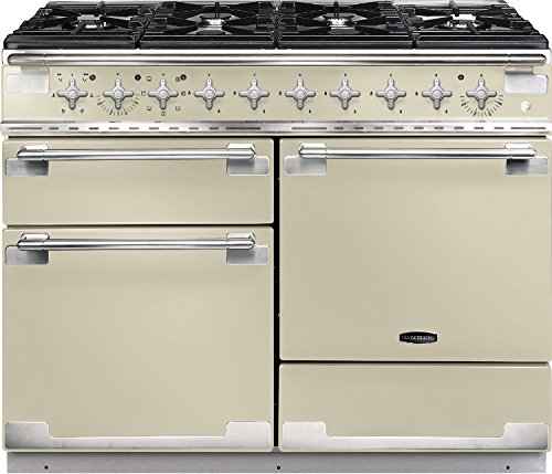 Cream-colored dual fuel range cooker with brushed nickel trim, featuring a five-burner gas hob, chrome knobs, and two spacious ovens below.