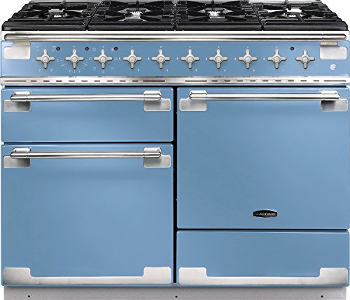 Dual fuel range cooker in China Blue with brushed nickel trim, featuring a five-burner gas hob, chrome knobs, and two spacious ovens with stylish handles.