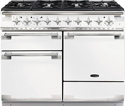 Dual fuel range cooker in white with brushed nickel trim, featuring five gas burners, a sleek control panel, and two spacious oven compartments.