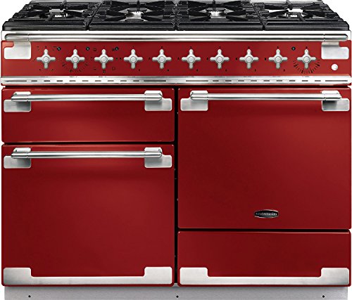 Cherry red dual fuel range cooker with brushed nickel trim, featuring six gas burners, multiple ovens, and stylish control knobs.