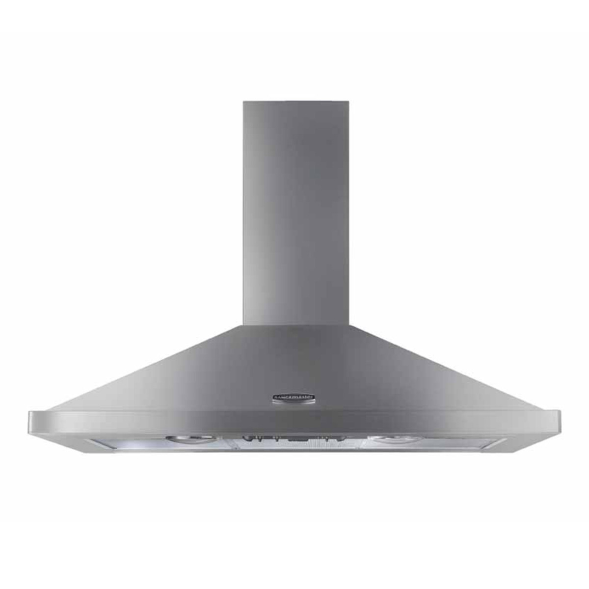 Stainless steel 100cm Rangemaster hood with a sleek, angled design, featuring dual lights and control buttons for efficient kitchen ventilation.