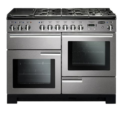 Stainless steel Rangemaster PDL110DFFSSC dual fuel range cooker with five gas burners, two large glass-fronted ovens, and control knobs on the front panel.