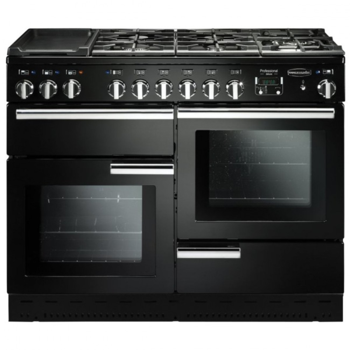 Black Rangemaster PDL110DFFGBC Professional Deluxe 110cm dual fuel range cooker with stainless steel knobs, two ovens, and a five-burner gas hob with a griddle.