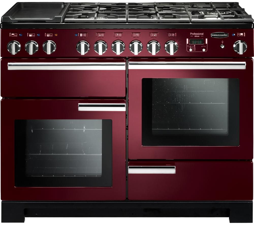 Professional 110cm dual fuel range cooker in cranberry with chrome trim, featuring multiple gas burners, two ovens, and a sleek control panel with dials.