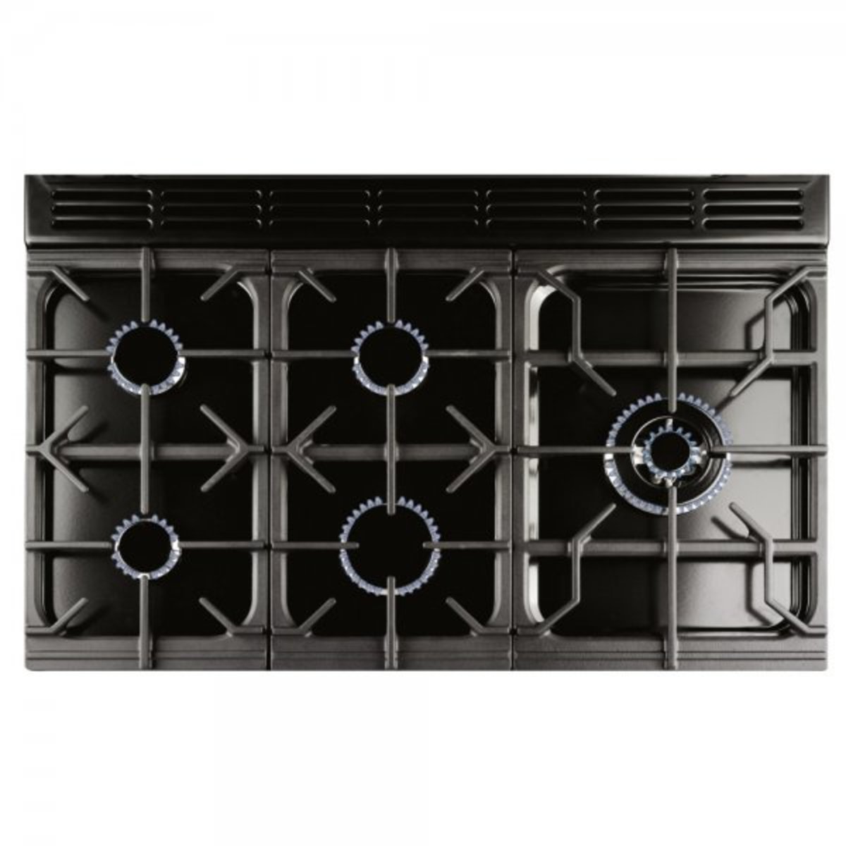 Black gas cooktop with five burners, including a central blue flame burner, featuring a stainless steel trim and cast iron grates for durability and even heat distribution.
