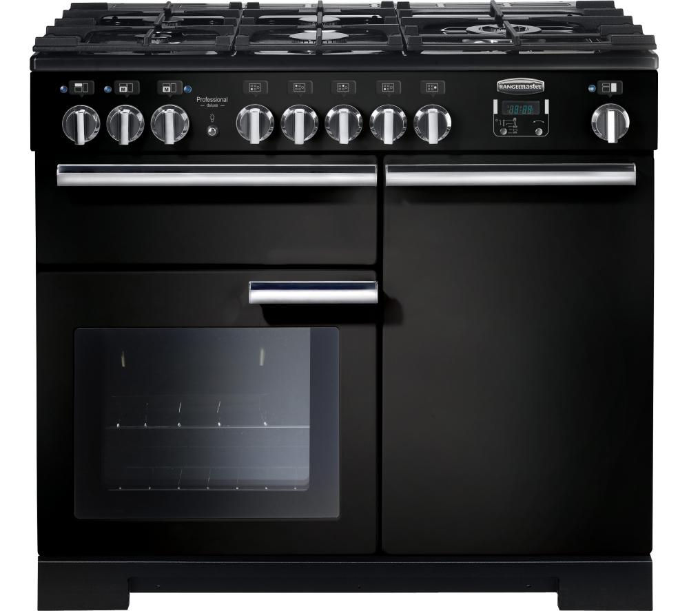 Black and chrome 100cm dual fuel range cooker featuring six gas burners, a large glass oven door, and stainless steel control knobs for precise cooking.
