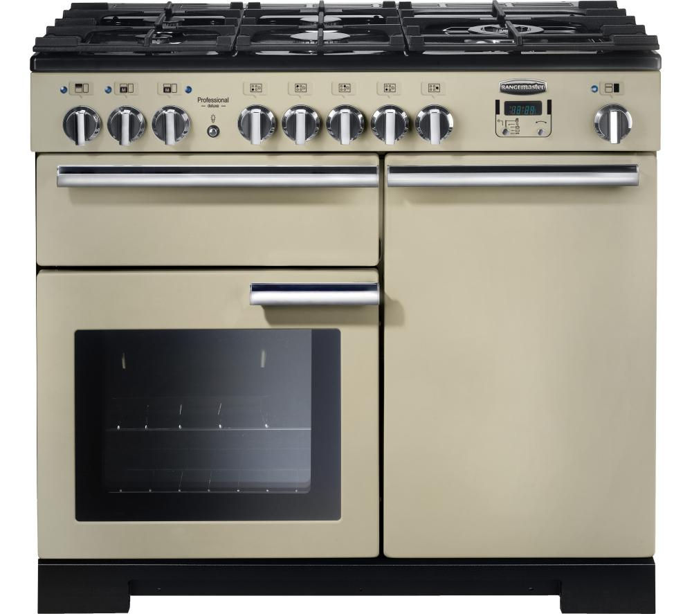 Cream-colored dual fuel range cooker with chrome trim, featuring a five-burner gas hob, a large glass oven door, and multiple control knobs on the front panel.