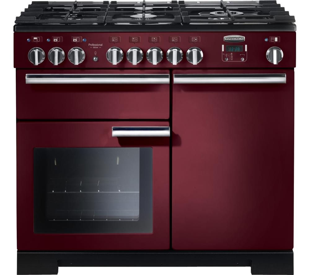 Professional 100cm dual fuel range cooker in cranberry with chrome trim, featuring a five-burner gas hob, stainless steel knobs, and a large glass oven door.