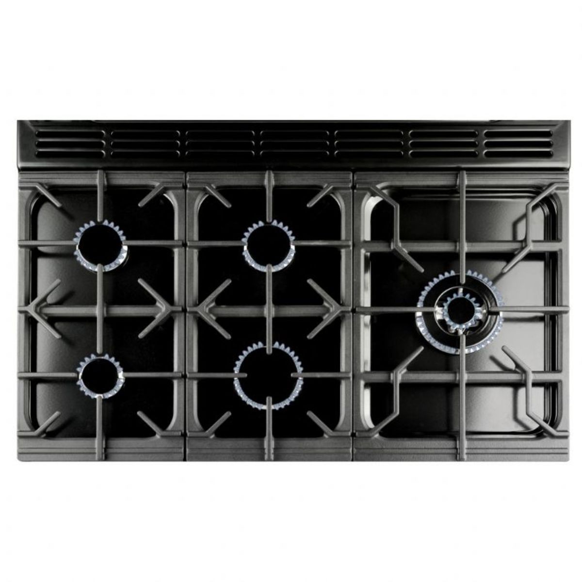 Black dual fuel range cooker with chrome trim, featuring six gas burners, a sleek stainless steel surface, and a professional design for modern kitchens.