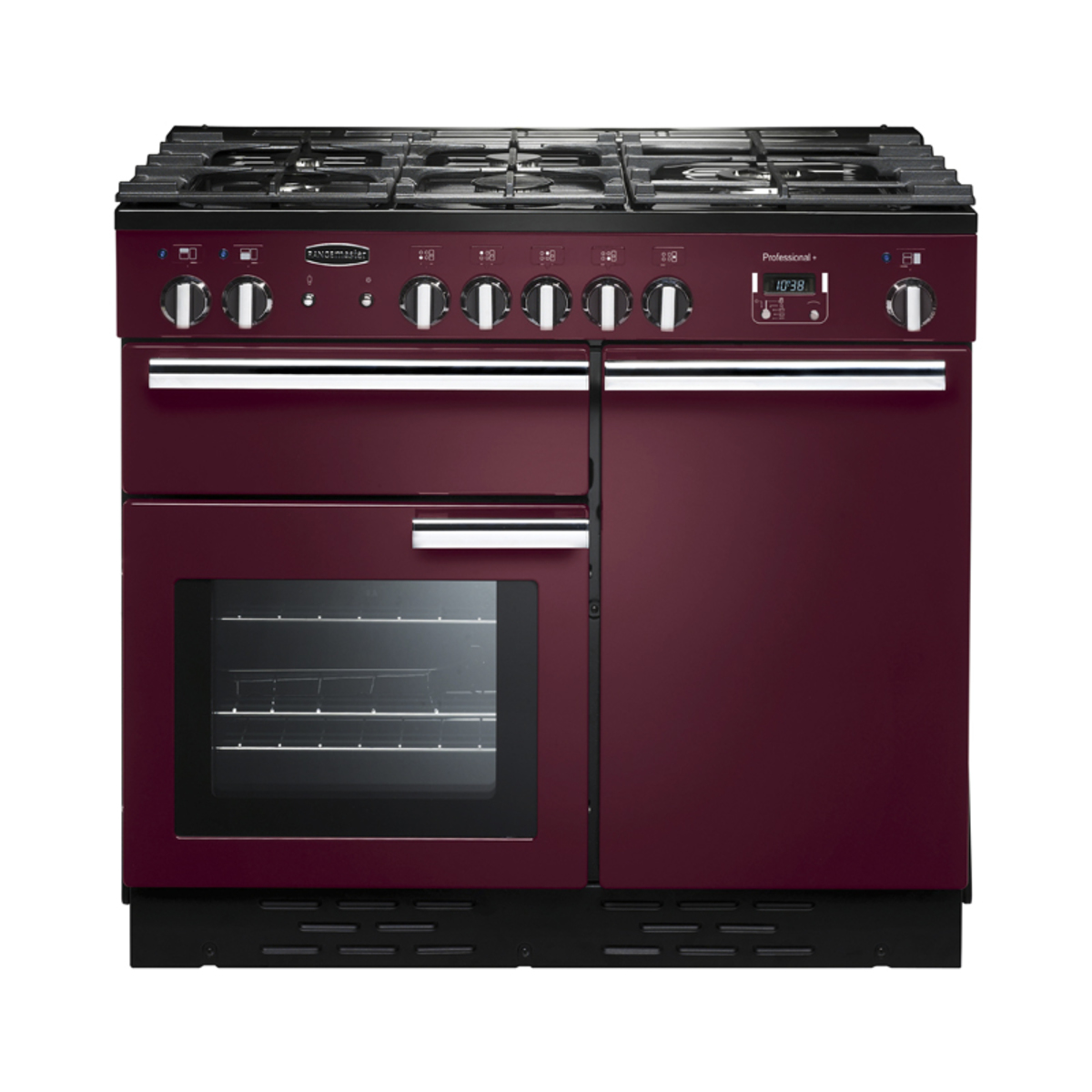 Cranberry-colored 90cm dual fuel range cooker with chrome trim, featuring multiple gas burners, a large oven with a glass door, and sleek control knobs.