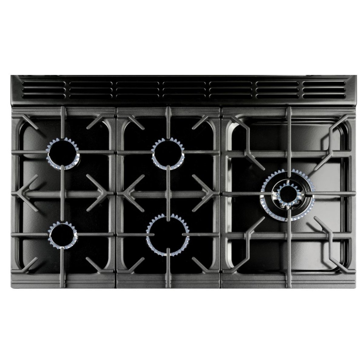 Stainless steel 90cm Rangemaster Kitchener dual fuel range cooker featuring six gas burners, a black cast iron grate, and a sleek, modern design.