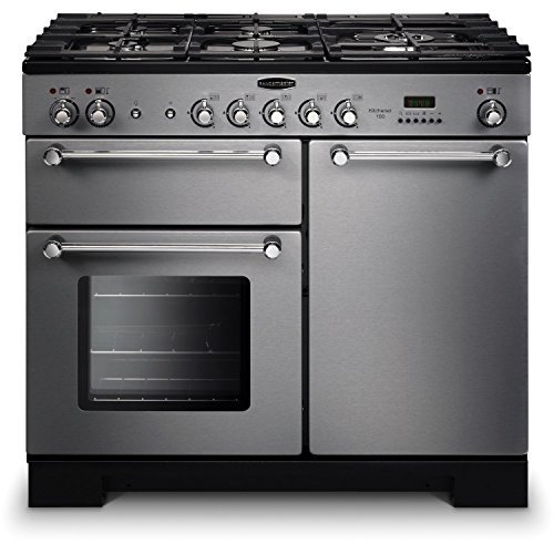 Stainless steel dual fuel range cooker with chrome trim, featuring multiple gas burners, two ovens, control knobs, and a digital display, model 98780 KITCHENER by Rangemaster.