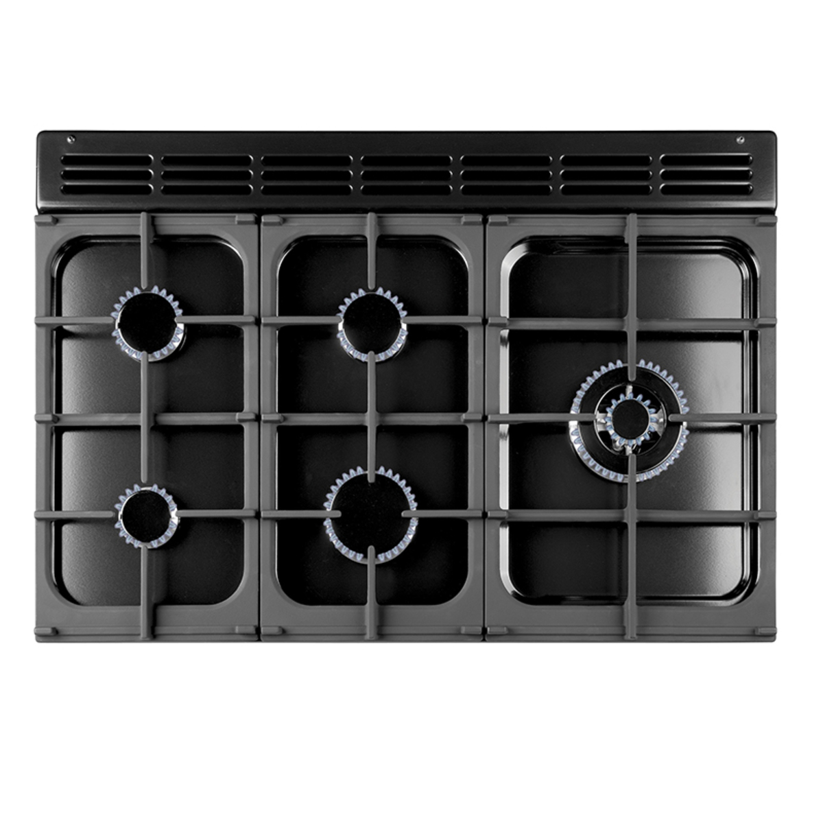 Black dual fuel range cooker with four gas burners, a sleek stainless steel finish, and a modern design, featuring sturdy cast iron pan supports and control knobs.