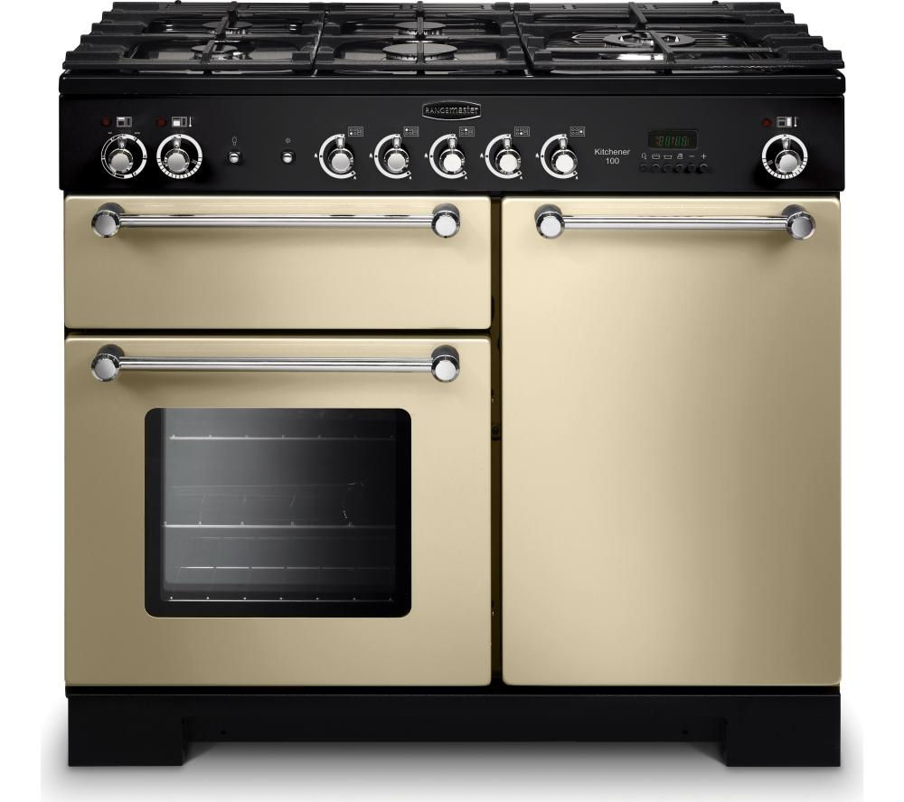 Cream dual fuel range cooker with chrome trim, featuring four gas burners, two ovens with glass doors, and stainless steel control knobs.