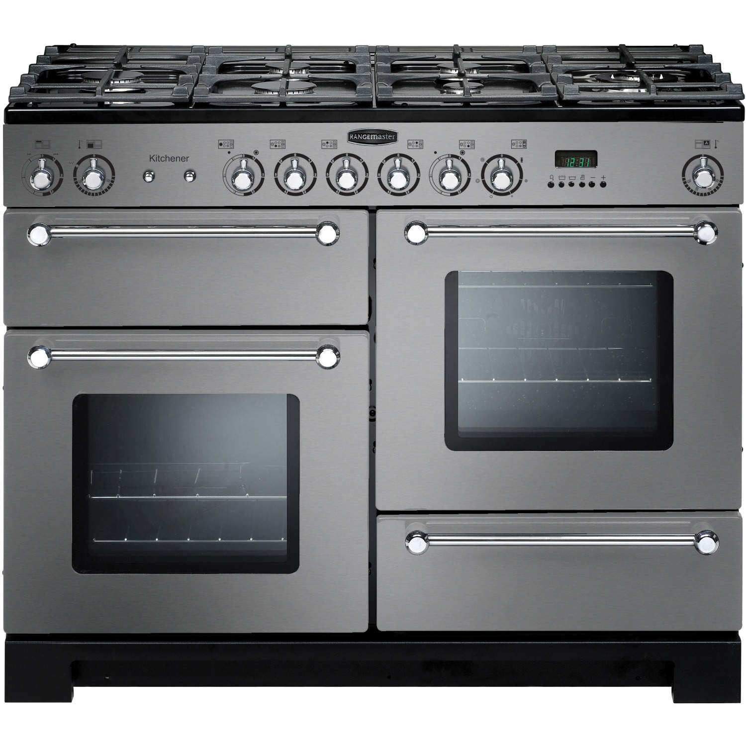 Stainless steel Rangemaster KCH110DFFSSC Kitchener 110cm dual fuel range cooker featuring five gas burners, two ovens, and a digital display with control knobs.