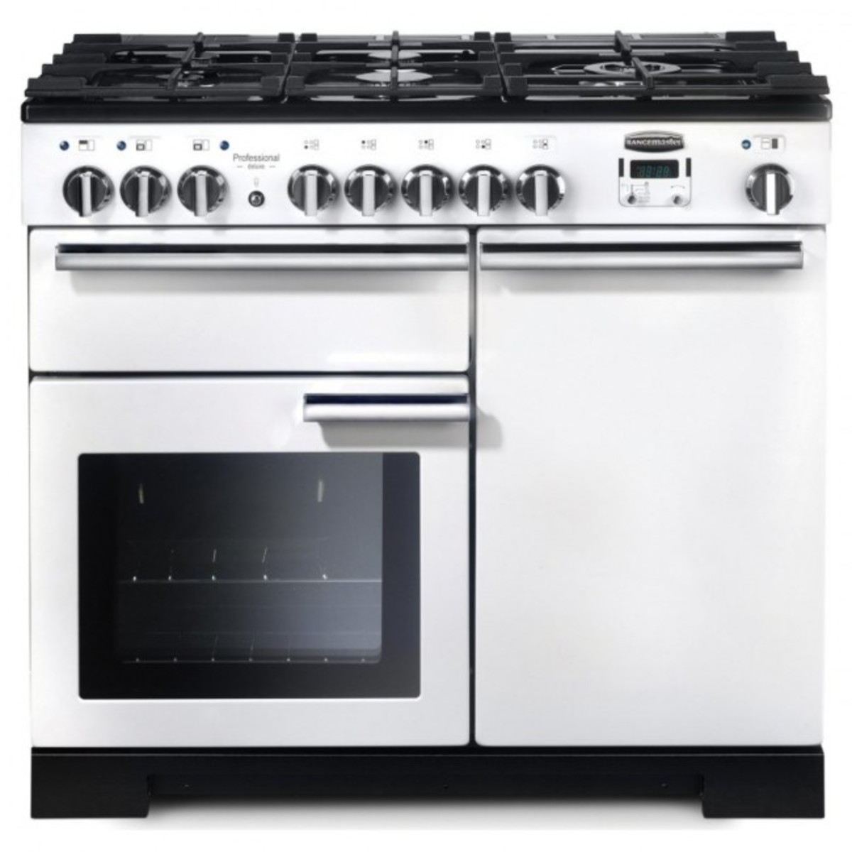 Deluxe 90cm dual fuel range cooker in white with chrome trim, featuring six gas burners, a large oven with a glass door, and a digital control panel.