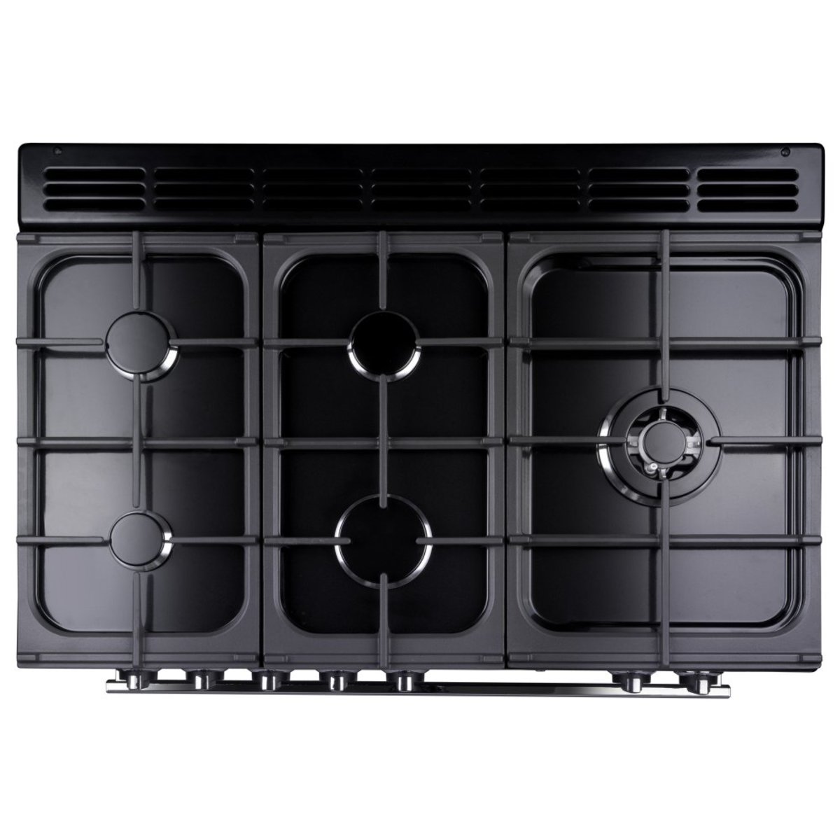Deluxe 90cm dual fuel range cooker in white with chrome trim, featuring a sleek black gas hob with three burners and sturdy cast iron grates for durability.
