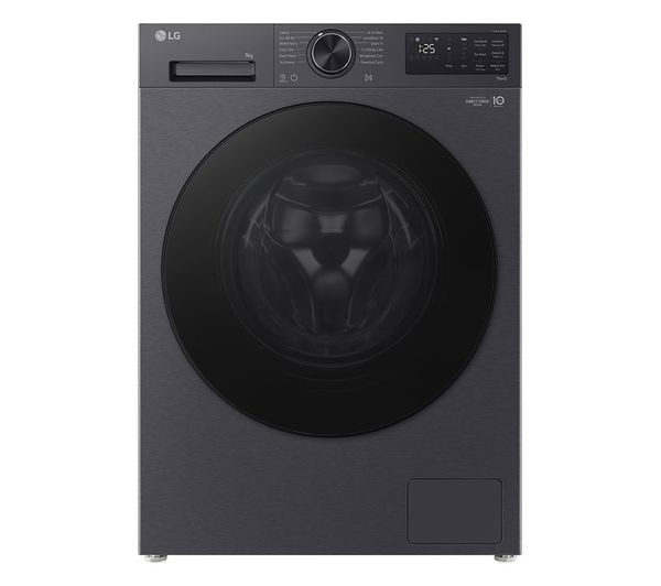 Black LG VX50 Series Counter-Depth MAX™ washing machine with a large glass door, control panel featuring a dial and digital display, and a sleek, modern design.