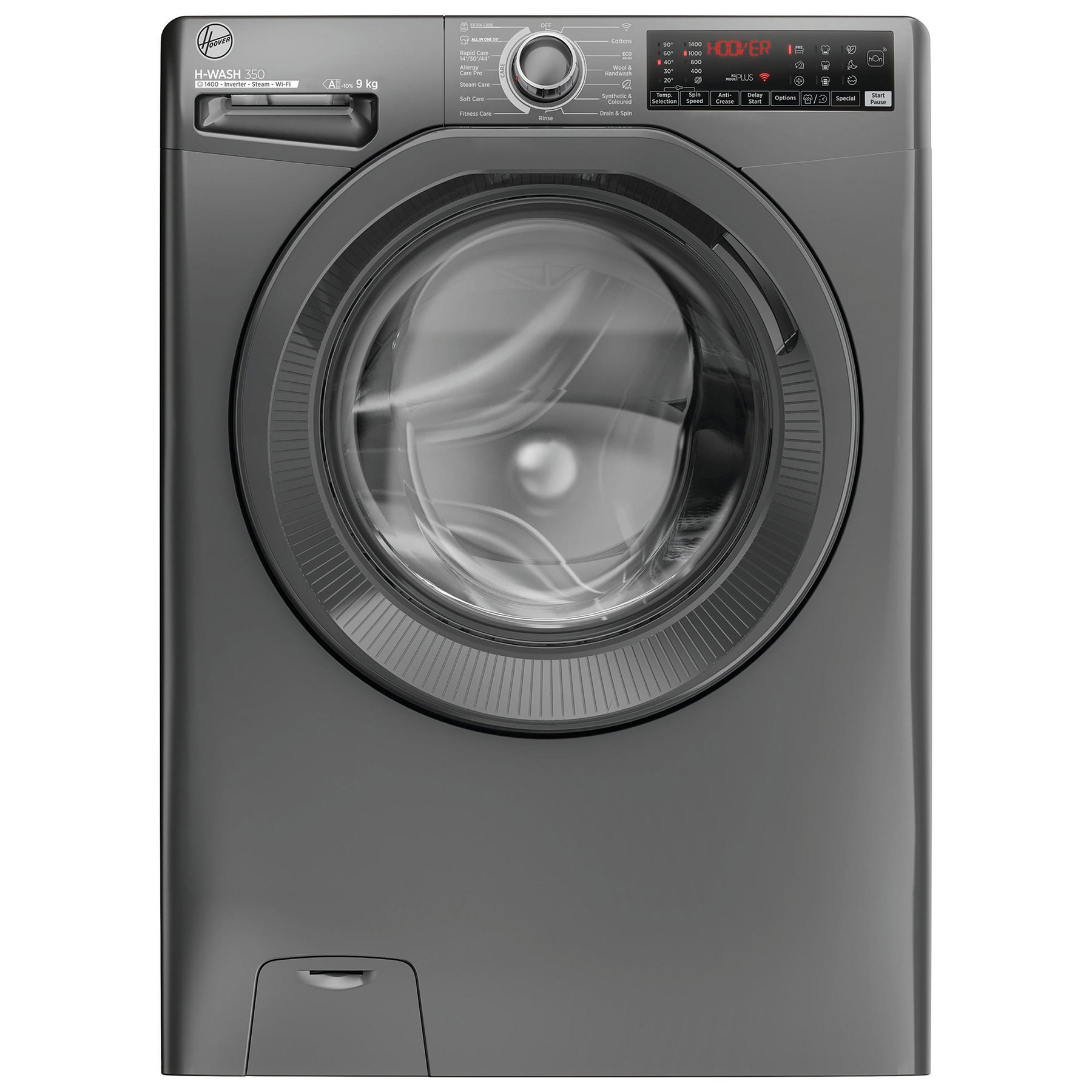 Graphite-colored Hoover H3WPS496TMRR6 washing machine with a 9kg capacity, 1400 spin speed, and a front-loading design featuring a large glass door and digital control panel.