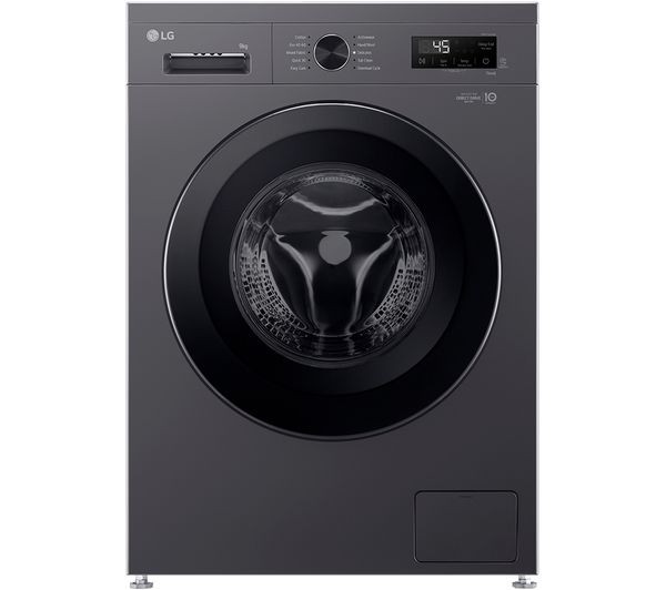 Front-loading LG washing machine in sleek black finish, featuring a large transparent door, control panel with digital display, and various wash cycle options.