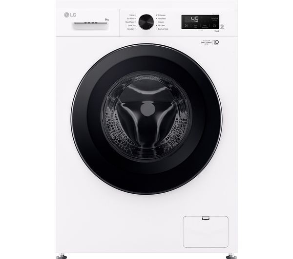White front-loading washing machine with a large black circular door, digital control panel, and a sleek design featuring a small bottom drawer.