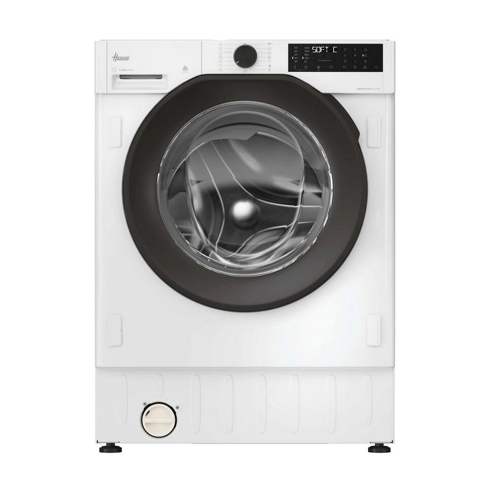 White built-in washer dryer with a large glass door, digital control panel, and a sleek design, featuring a 9+6kg capacity and 1600 RPM spin speed.