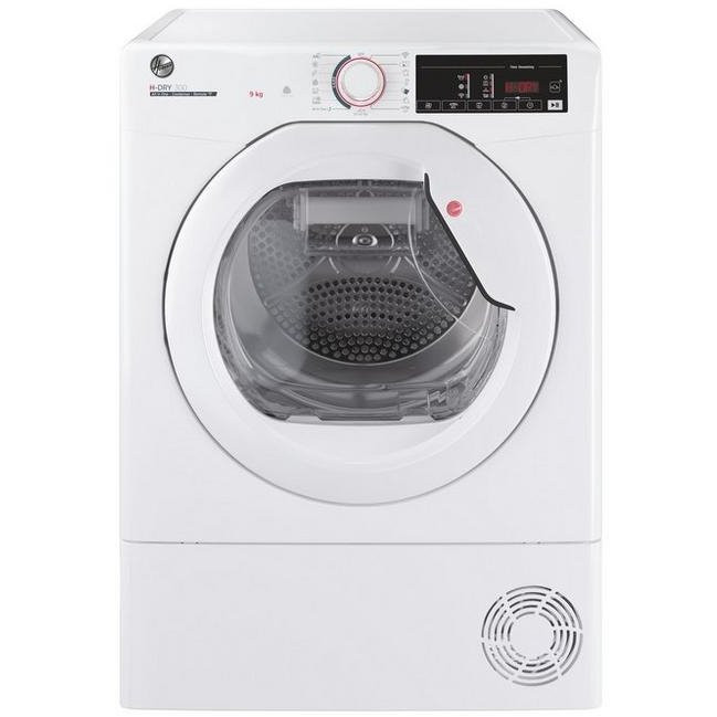 White Hoover HLEC9TE 9kg condenser tumble dryer featuring a transparent door, control panel with digital display, and a vent at the bottom for efficient drying.