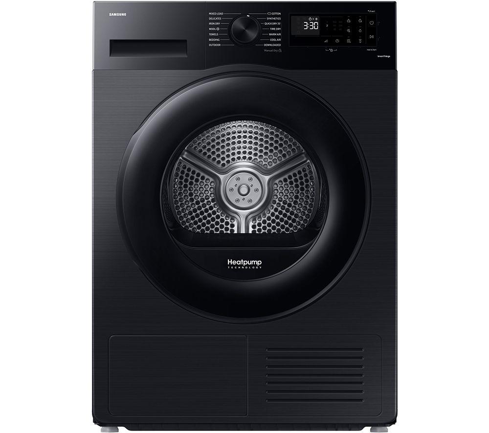 Samsung Tumble Dryer Series 5 in sleek black, featuring a large front-loading door with a honeycomb drum, digital display, and control panel for optimal drying settings.