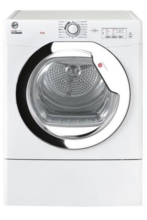 White Hoover HLEV9TG 9KG vented tumble dryer features a chrome door, control dial, and digital display with various settings for efficient drying.
