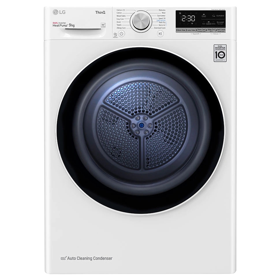 White LG FDV709W 9kg Dual Heat Pump Condenser Dryer featuring a large circular door, control panel with digital display, and energy-efficient A rating.