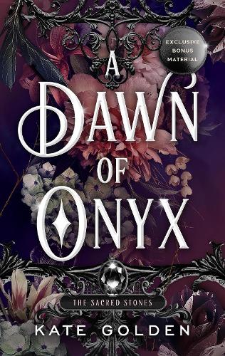 A dark purple book cover featuring ornate silver lettering, floral designs, and a central diamond graphic, with the title "A Dawn of Onyx" prominently displayed.