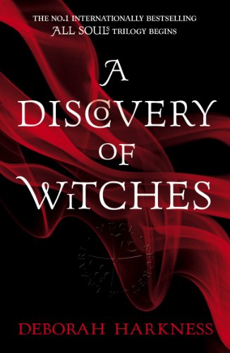 Black book cover featuring the title "A Discovery of Witches" in bold white font, with swirling red smoke and a faint emblem in the background, attributed to Deborah Harkness.
