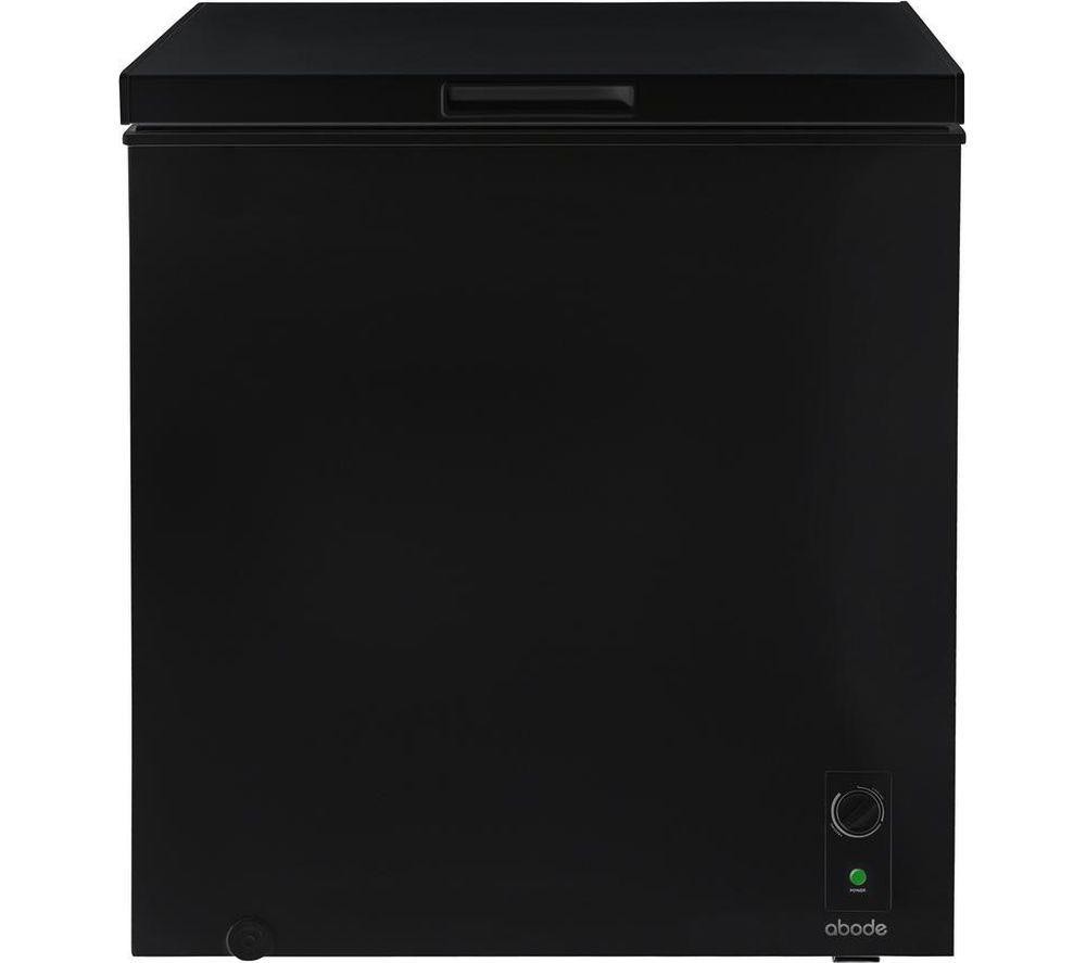 Black 198L chest freezer with a sleek design, featuring a front handle, adjustable temperature dial, and a power indicator light on the lower right side.